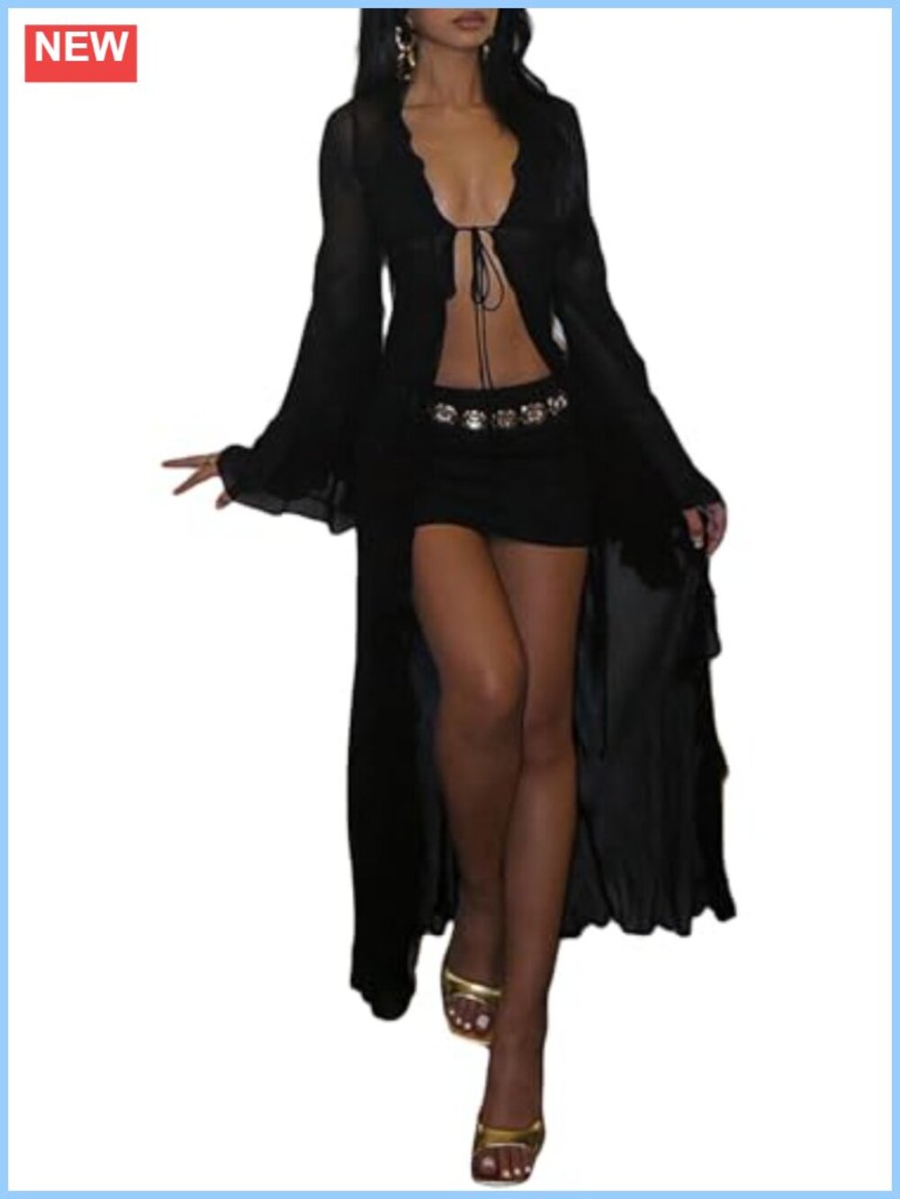 Women Sheer Mesh Ruffled Long Kimono Duster Cardigan Beach Cover Up